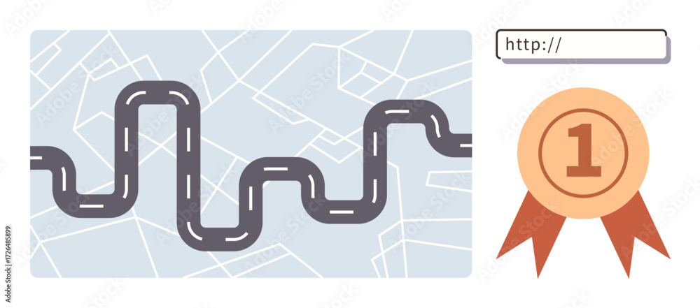Poster winding road over abstract map background with browser address bar and first-place ribbon. ideal for
