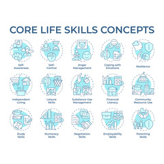 Core life skills soft blue concept icons. Basic competencies to deal with daily tasks. Self management. Icon pack. Vector images. Round shape illustrations for presentation. Abstract idea