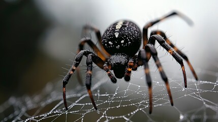 Fototapeta premium Black & White Spider with Orange Dots (Macro Close-Up): Web, Dewdrops in Air/on Tentacles, High Res/Detail for Decoration/Prints/Insect Education