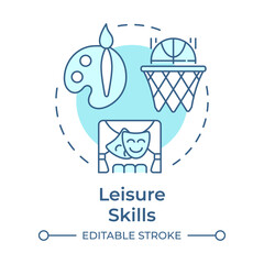 Leisure skills soft blue concept icon. Enjoying free time activities. Ability to have fun. Life confidences. Round shape line illustration. Abstract idea. Graphic design. Easy to use in article