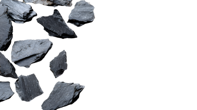 Top view shattered irregular sharp edged pieces of black slate rock isolated on transparent background