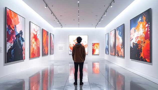 Digital art gallery showcasing NFTs on various screens, with a person observing the artworks