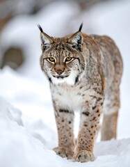 Naklejka premium A lynx, powerfully built, stares intently forward in a snowy winter scene