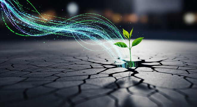 Vibrant green sprout emerges from cracked earth, powered by dynamic digital energy streams and glowing data particles - Powered by Adobe