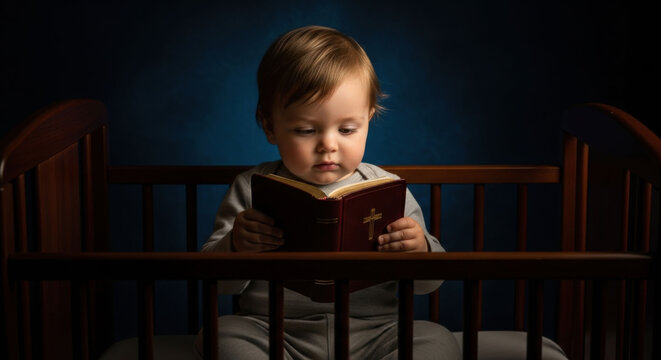 Baby boy sitting in a crib and reading a Bible. Early religious education concept for children. Spirituality and faith.
