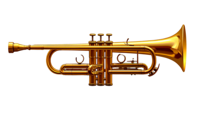 Golden shiny new metallic brass trumpet music instrument isolated. Brass instruments, golden trumpet on transparency background.
