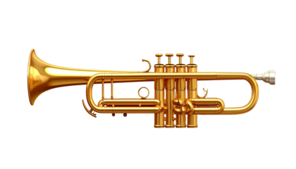 Golden shiny new metallic brass trumpet music instrument isolated. Brass instruments, golden trumpet on transparency background.
