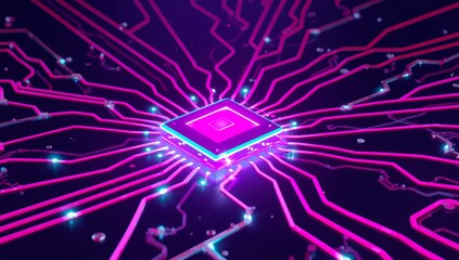 microchip close up with electric circuit pattern and bright glow