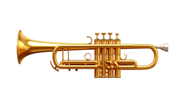 Golden shiny new metallic brass trumpet music instrument isolated. Brass instruments, golden trumpet on transparency background.
