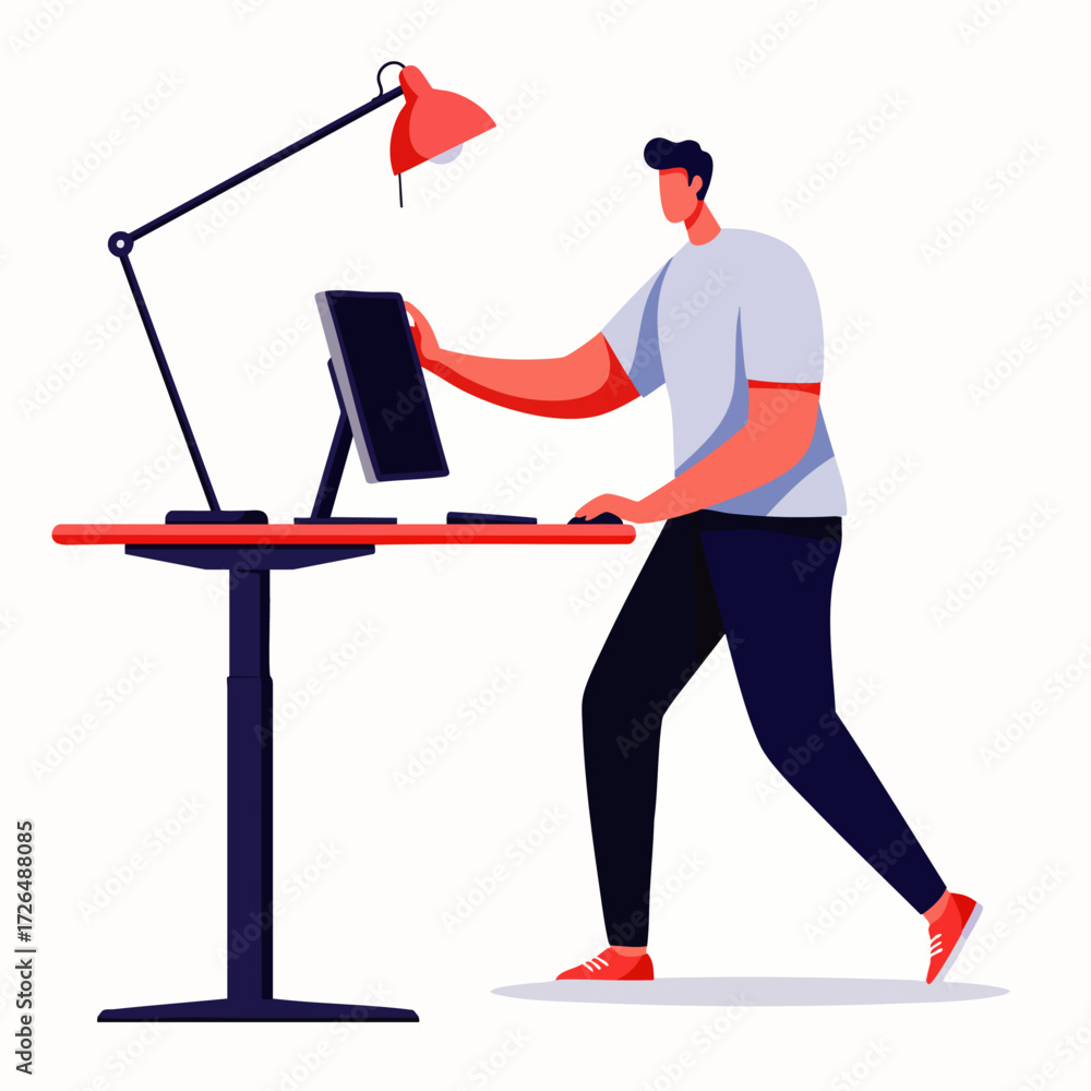 Poster this vibrant illustration depicts a focused individual efficiently working at an adjustable standing