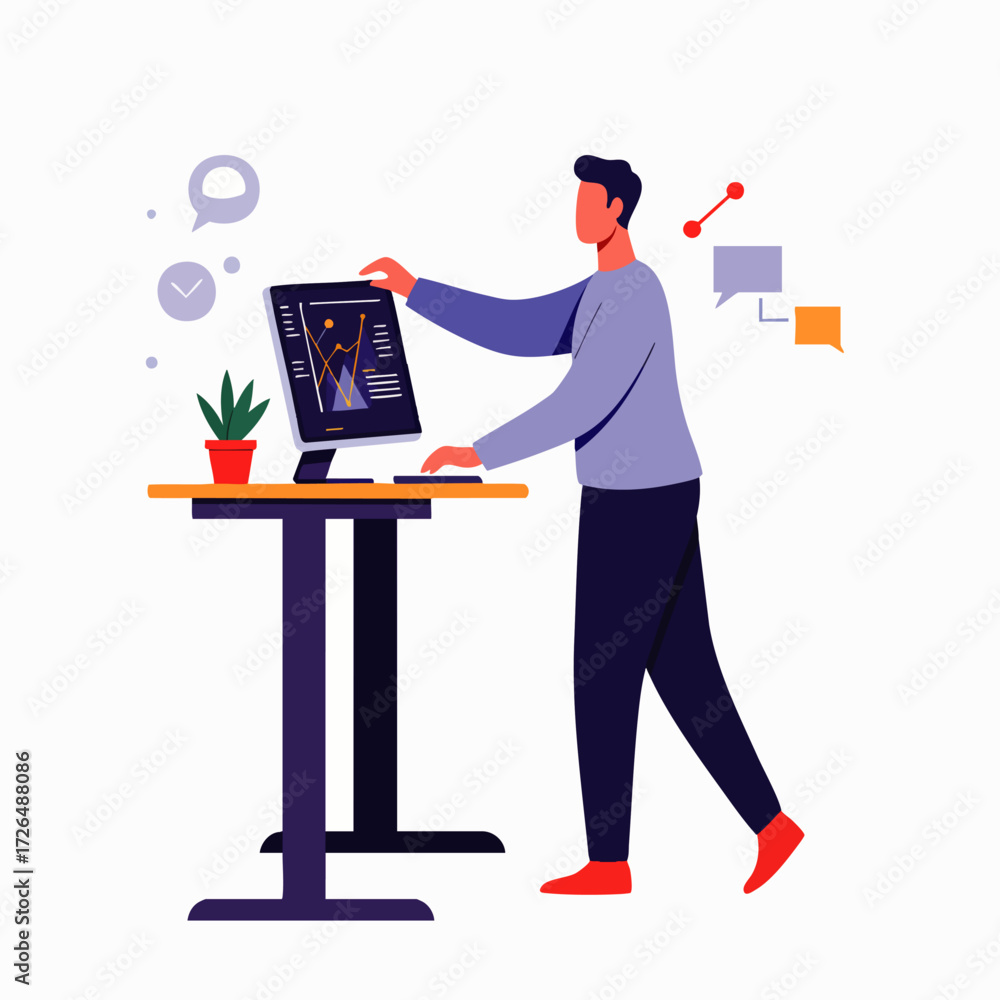 Poster a modern professional stands at an ergonomic desk, diligently working on a computer, engaged in crea