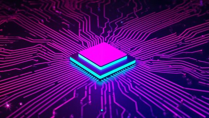 computer chip close up with blue neon circuits and dark background