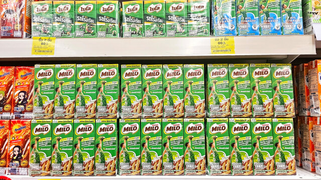 Milo Boxes on Display: Rows of Milo boxes neatly arranged on a shelf, creating a visually appealing display of a favorite beverage. Thailand, September 26, 2025