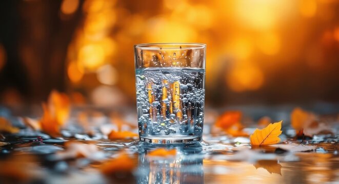 Glass of water reflecting fiery flames and autumn leaves