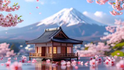 Fototapeta premium A Japanese miniature building around the pink blossom with Mount Fuji in the background