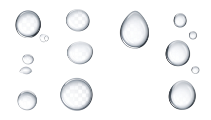 Pure clear water drops realistic or realistic drops on an isolated transparent background. Png transparency