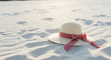 Stylish sun hat, relaxed, lying on white sand, with footprints in the background
