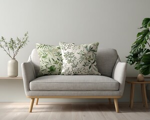 Throw pillow mockup on modern sofa with green botanical print and minimal decor
