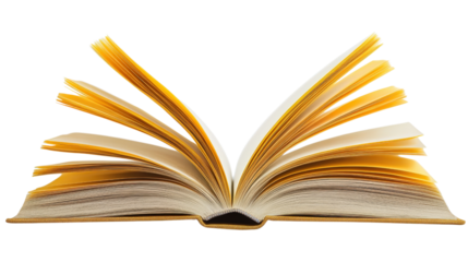 Open yellow book pages fanned out isolated on a transparent background