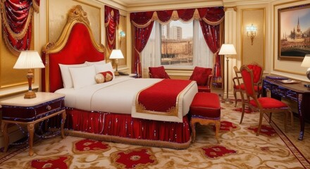 Luxurious hotel suite with opulent red decor and a grand canopy bed