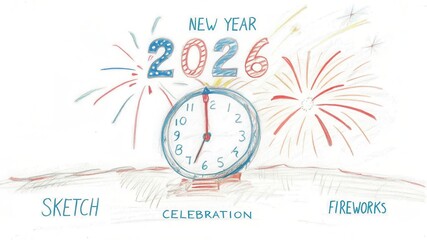 Naklejka premium Happy new year 2026 celebration countdown with clock and fireworks in artistic sketch style illustration