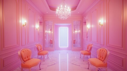 Elegant Pink Interior Room with Chandeliers and Vintage Chairs in Soft Lighting