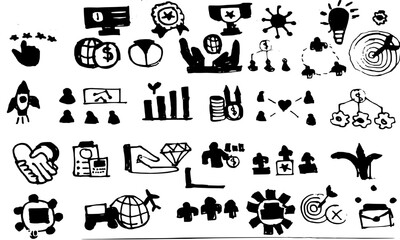 Hand-Drawn Business and Finance Doodle Vector Icon Set: Sketchy Marketing, Corporate Strategy, Global Communication, and Startup Symbols for Presentations and Infographics
