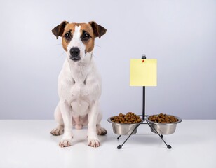 A Jack Russell Terrier sits patiently beside its empty food bowls and a blank yellow note