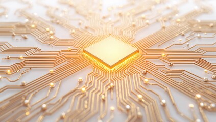 Semiconductor chip with futuristic golden circuit pathways