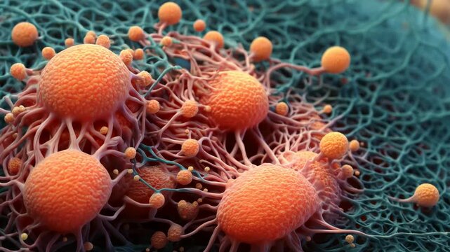 Vivid microscopic world bursts with dynamic organic textures and motion, a mesmerizing abstract biology loop ideal for science, medicine, and tech branding.