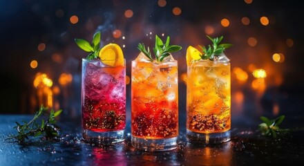 Three colorful refreshing cocktails with garnishes and bokeh lights