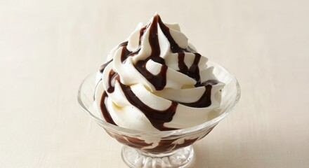 Delicious soft serve ice cream with chocolate syrup drizzle