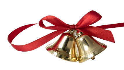 Two golden christmas bells with red ribbon isolated on transparent background
