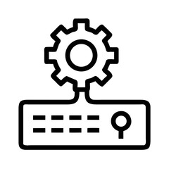 Server rack with a gear icon indicating settings or futuristic silhouette vector transparent icon