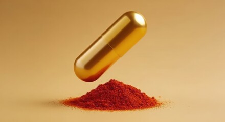 Gold capsule hovering over red powder