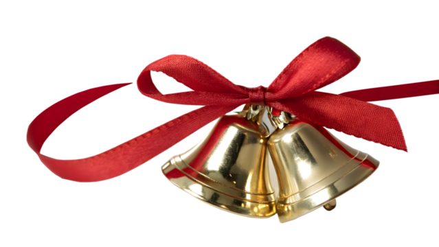 Two golden christmas bells with red ribbon isolated on transparent background