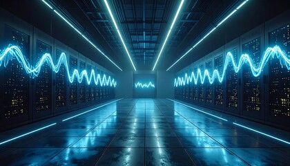 Data Center Visualization with Glowing Lines and Digital Information