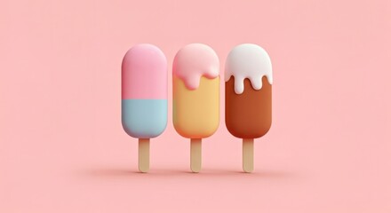 Three colorful ice cream bars on sticks against a pink background