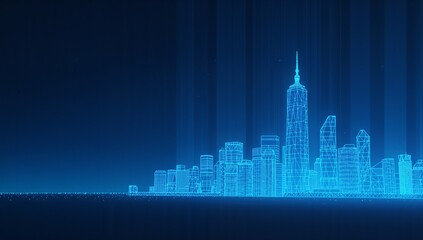 Futuristic City Background with Digital Blue Wireframe Towers and Light Beams