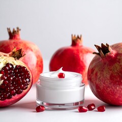 A jar of cream sits amongst halved and whole pomegranates on a white background