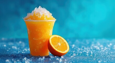 Refreshing orange slushy with fresh orange slice and ice