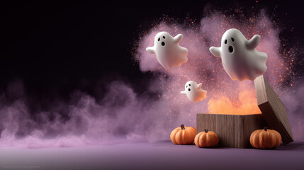 3D spooky Halloween box popping open with glowing pumpkins, flying white Halloween ghost, sparkling orange mist and dark purple mist, dark purple background, dramatic lighting