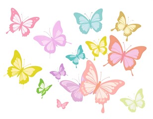 A pastel-colored collection of butterflies flutter across a white background