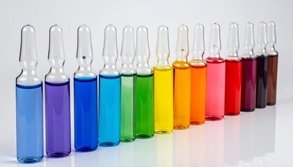 Fototapeta premium A row of ampoules filled with vibrant, multicolored liquids, arranged in a spectrum against a white background