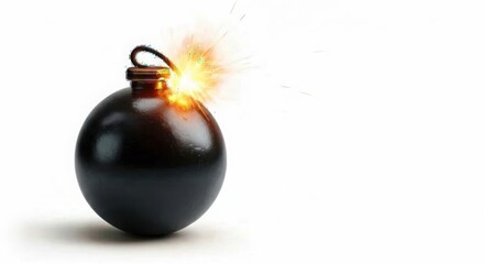 Exploding bomb with burning fuse on white background