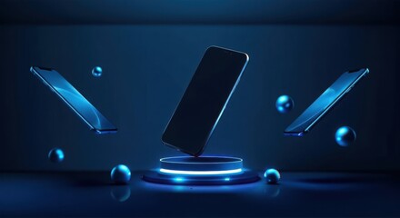 Futuristic smartphone display with neon blue accents and floating elements