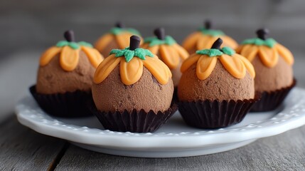 Chocolate Pumpkin Treats with Orange Fondant Decorations Displayed