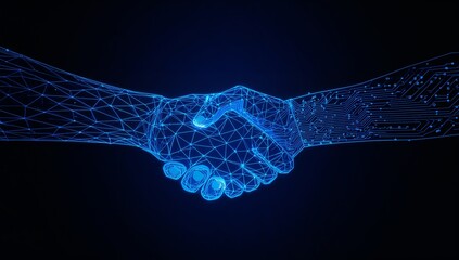 Digital Handshake Blue Wireframe Mesh on Black Background