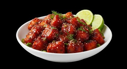 Spicy korean fried chicken with sesame seeds and lime