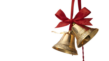 Golden christmas bells with red ribbon isolated on transparent background